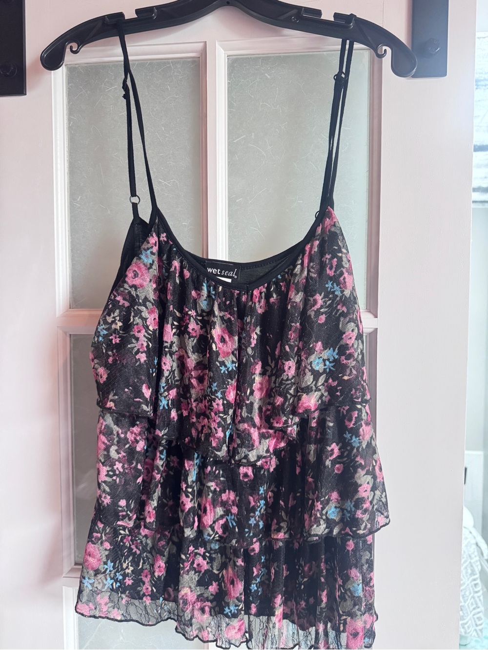 Wet Seal Black Floral Layered Chiffon Cami with Pink & Blue Flowers